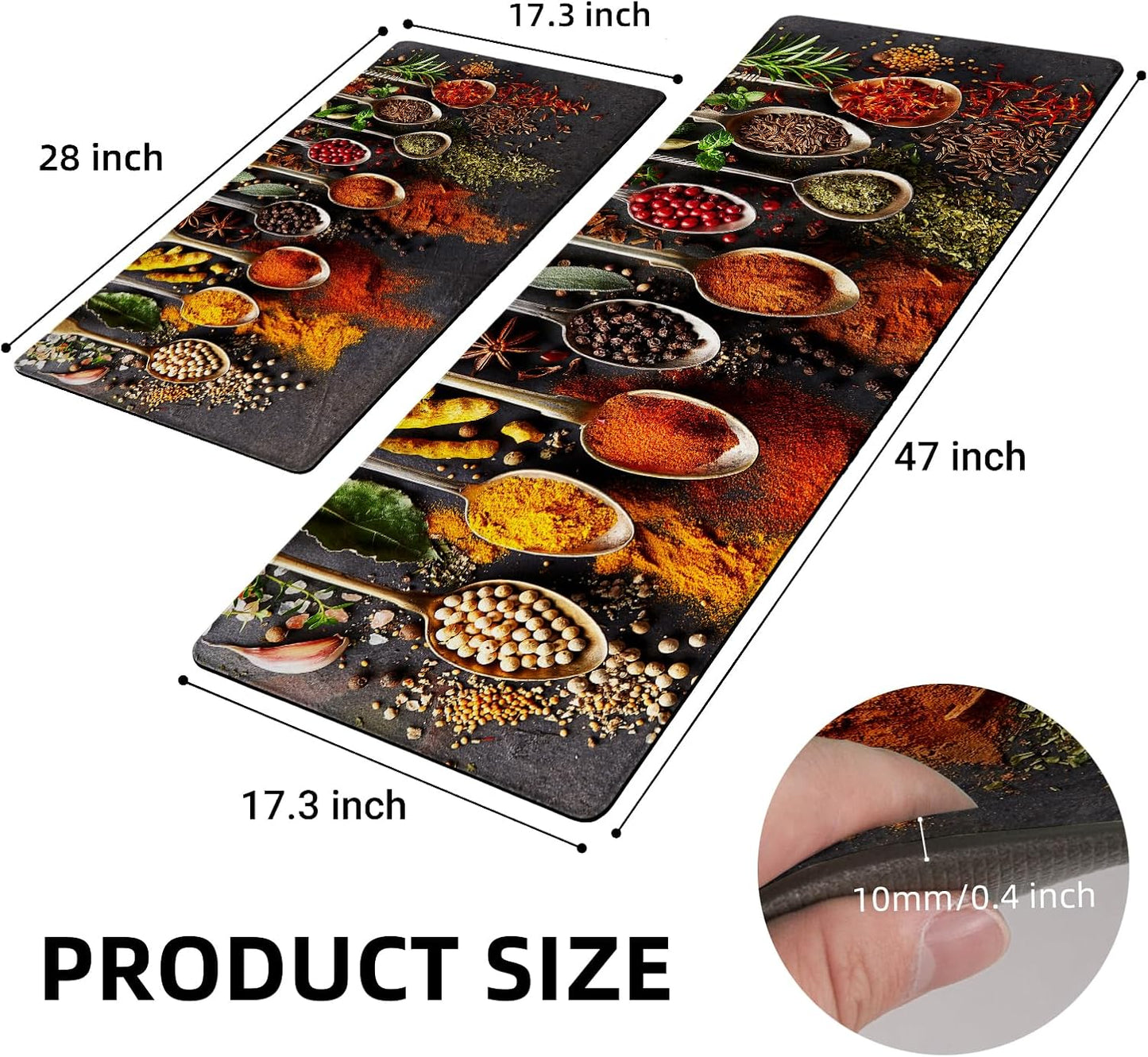 20502 Spice Cooking Kitchen Rugs Set of 2 Anti-Fatigue 0.4 Inches Thick Spices Colorful Kitchen Floor Mats Washable Rug Comfort Standing Waterproof Non Slip Mat for Kitchen Sink (17.3" x 28" + 17.3" x 47")