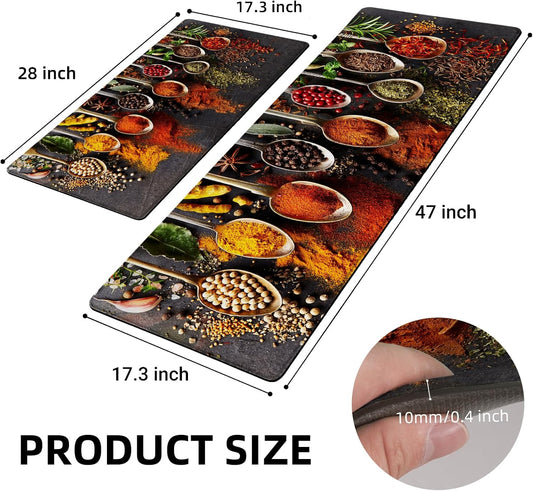 20502 Spice Cooking Kitchen Rugs Set of 2 Anti-Fatigue 0.4 Inches Thick Spices Colorful Kitchen Floor Mats Washable Rug Comfort Standing Waterproof Non Slip Mat for Kitchen Sink (17.3" x 28" + 17.3" x 47")