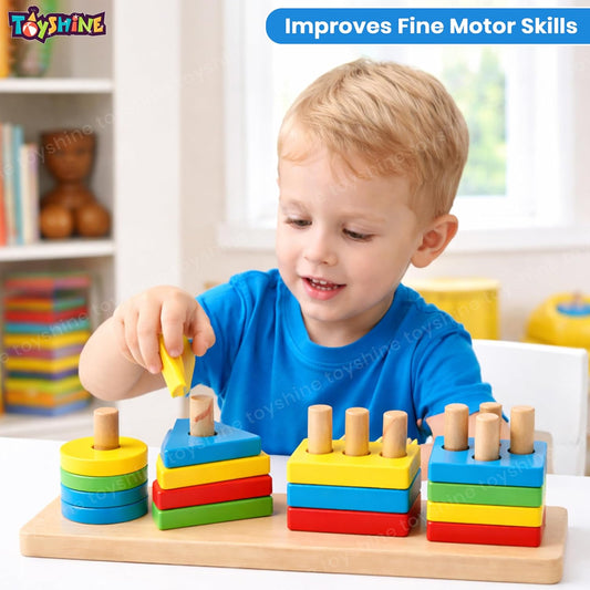 20685 Wooden 4 Angle Geometric Building Blocks Building Stacker Shape Sorter Column Puzzle Stacking Toy Set Kids