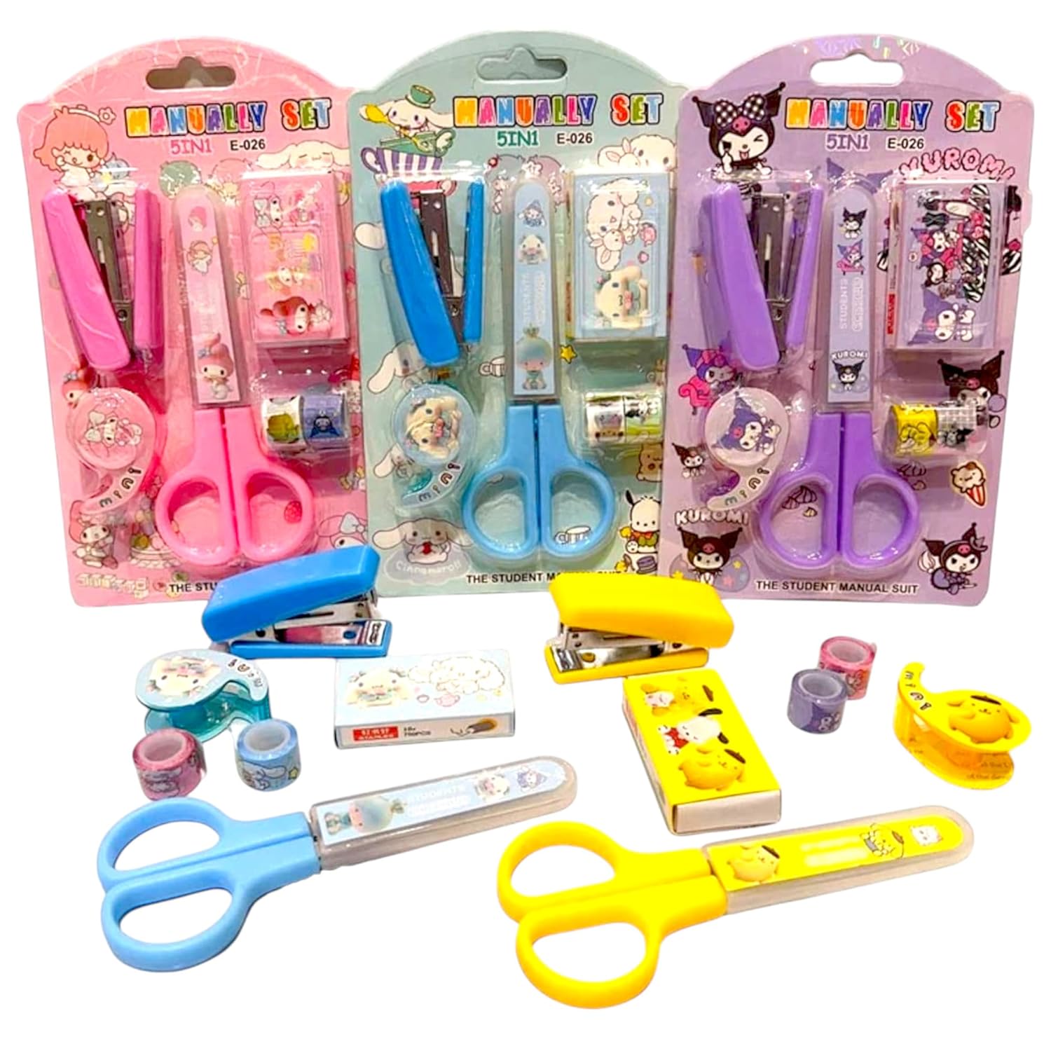 CD 9667 Cartoon Stationery Set – Kawaii Stapler with Scissor, Washi Tape for Office, School, Home, Portable Mini Size Stapler with 400 Staples Blister {Random Color}