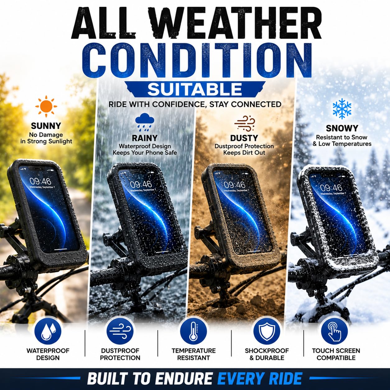 20869 Waterproof Motorcycle Phone Holder, Bike Mobile Holder with Touch Screen, 360° Rotation Metal Handlebar Mount, Universal Mobile Stand for Bicycle, Scooter & Bike