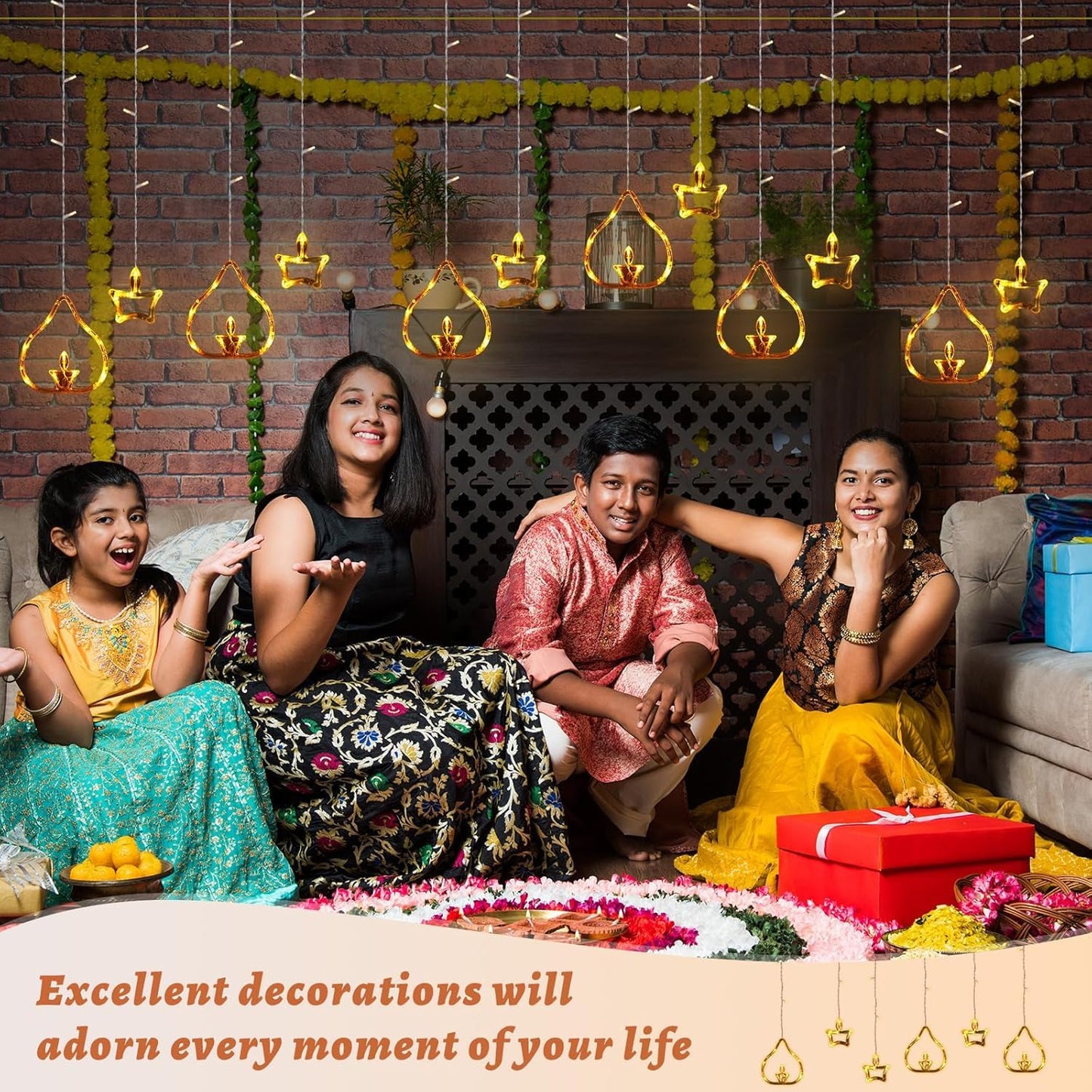 0520 Diya Lights Diwali String Curtain Lights – Warm White Indoor & Outdoor Lights for Home, Wall, Window, Indian Wedding, Garden