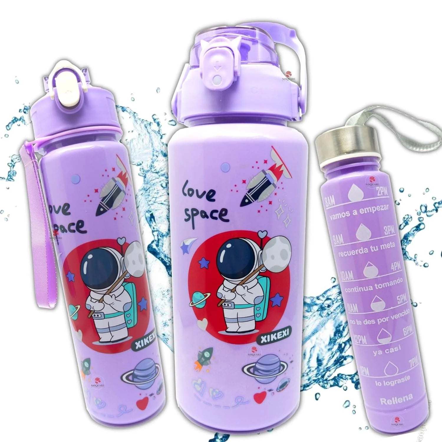 11137 Set of 3 Space-Themed Water Bottle with Motivational Time Marker | 2000ml, 800ml, 300ml | Durable Non-Toxic Sipper Water Bottle for Office, School, Sports, Gym & Fitness {Random Colour}