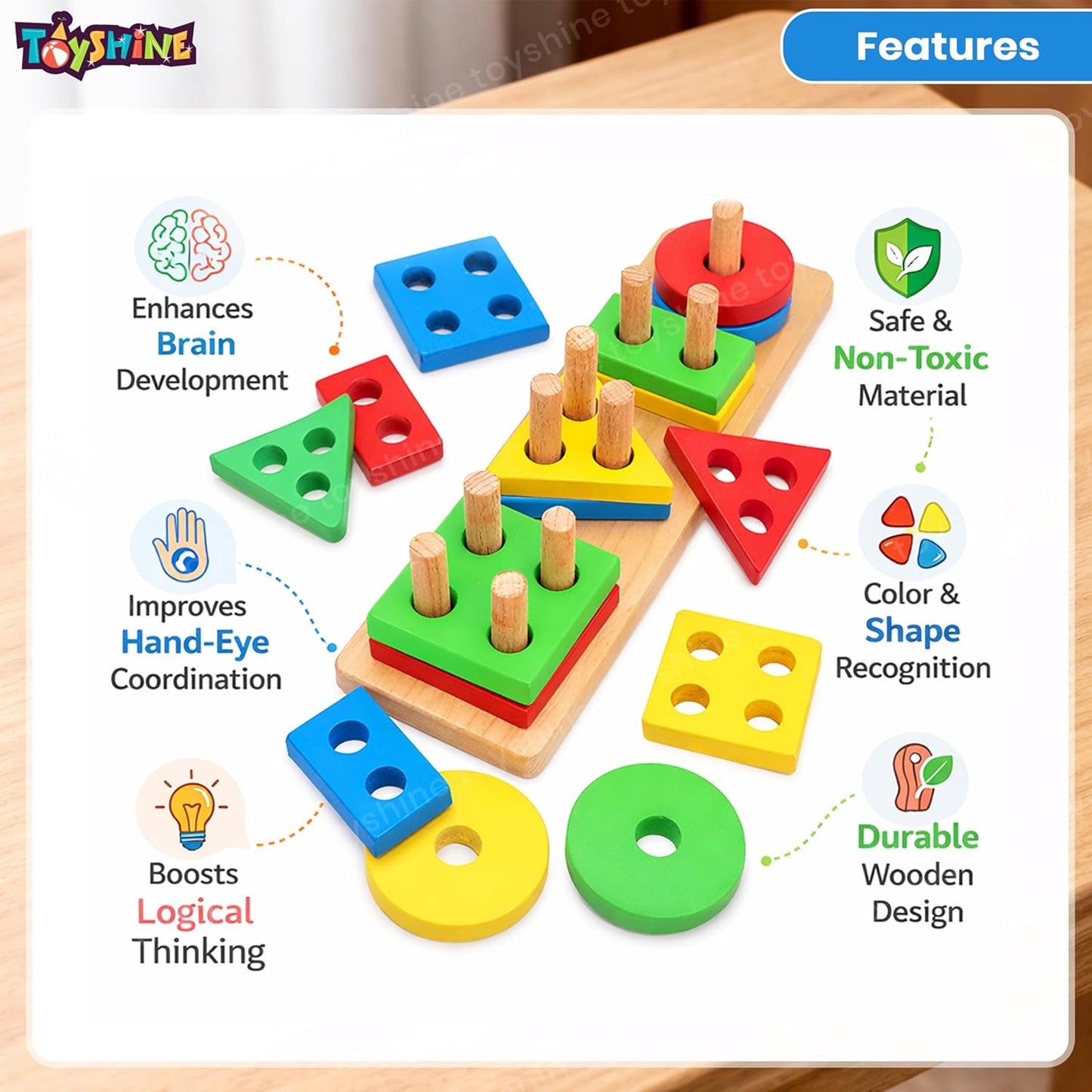20685 Wooden 4 Angle Geometric Building Blocks Building Stacker Shape Sorter Column Puzzle Stacking Toy Set Kids