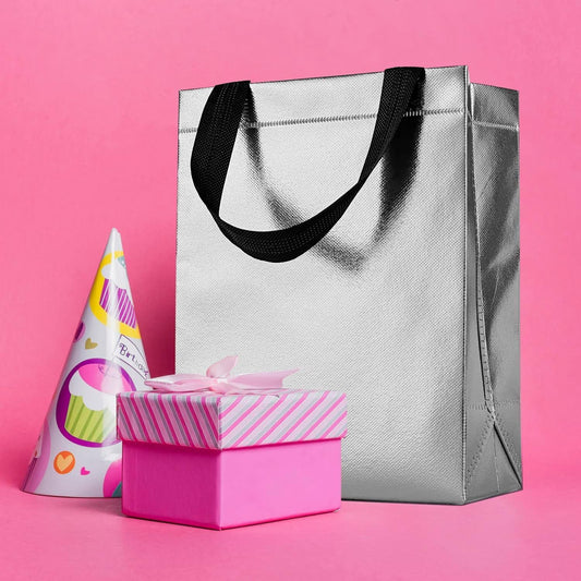 21362 Glossy Metallic Laminated Non-Woven Reusable Eco-Friendly Party Return Gift Bags (Silver) (Pack of 10, Medium)