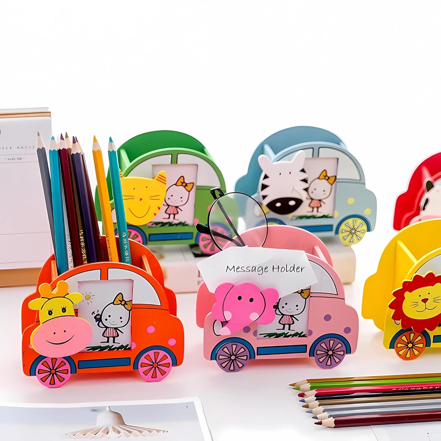 20549 Wooden Pen Stand With Photo Frame | Pen Pencil Brush Craft Storage Container Holder | Birthday Gifts For Kids {Random Design}