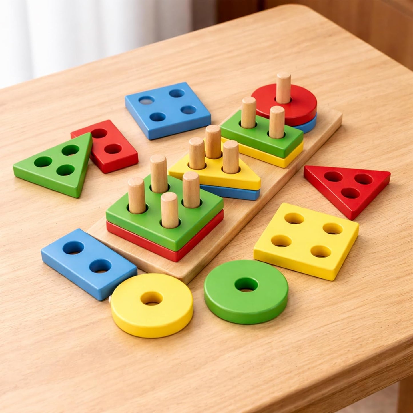 20685 Wooden 4 Angle Geometric Building Blocks Building Stacker Shape Sorter Column Puzzle Stacking Toy Set Kids