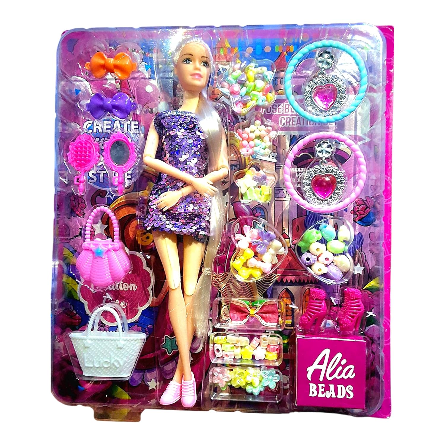 1016 Alia Doll with Colorful Beads Accessory Set, Includes Cute Jewellery Storage Box, Pretend Play Kit for Kids
