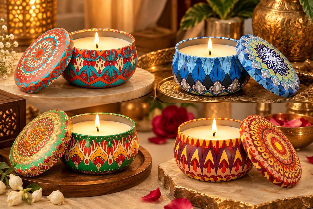 21359 Decorative Scented Candles in Designer Printed Metal Tins | Premium Aromatherapy Candles for Home Décor, Diwali & Gifting