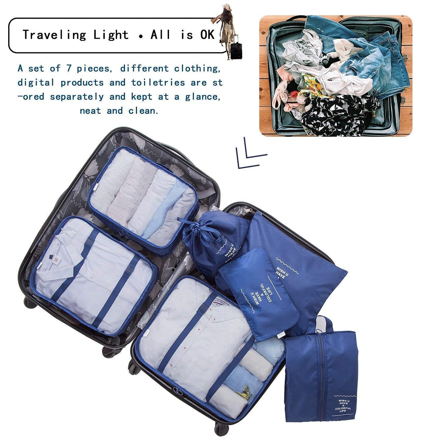 21029 (Set of 7) Packing Cubes for Travel Carry On Luggage, Lightweight Travel Storage Bags for Clothes, Large Luggage Organizers Packing Cubes Set for Travel Bag Suitcase
