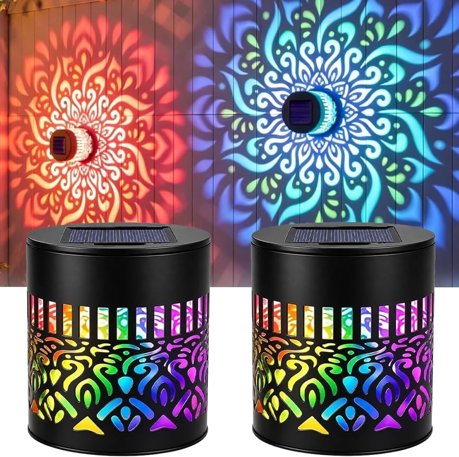 21180 Outdoor Solar Mandala Projector Light, 7-Color Changing Waterproof Metal Wall and Fence Light, Solar Powered Garden Decor for Patio, Backyard, Yard