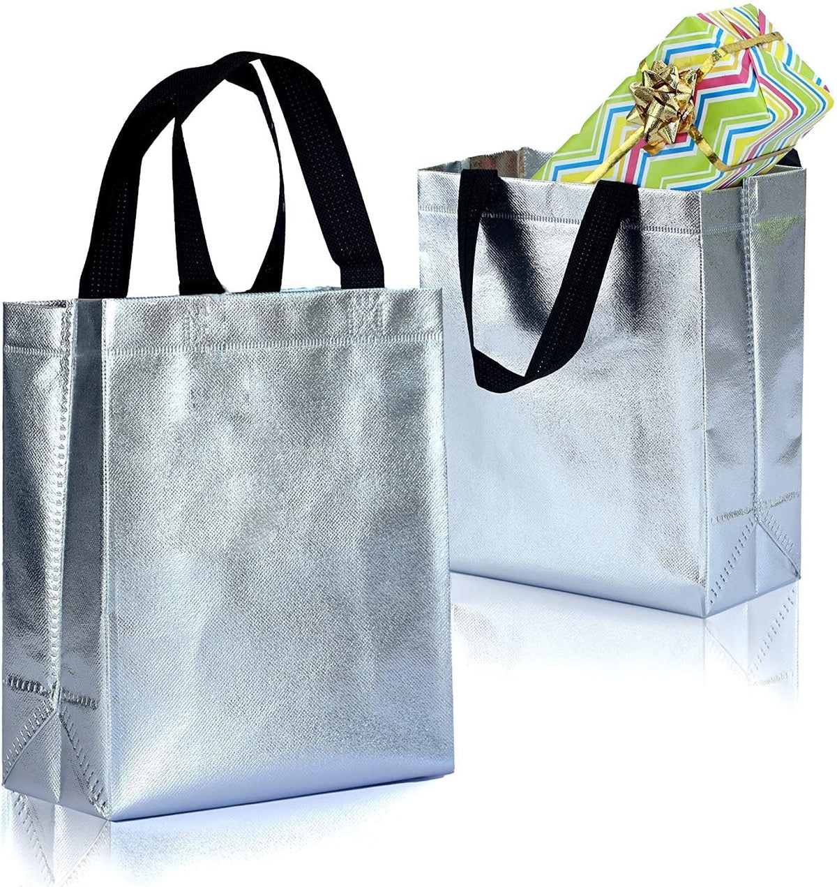 21362 Glossy Metallic Laminated Non-Woven Reusable Eco-Friendly Party Return Gift Bags (Silver) (Pack of 10, Medium)