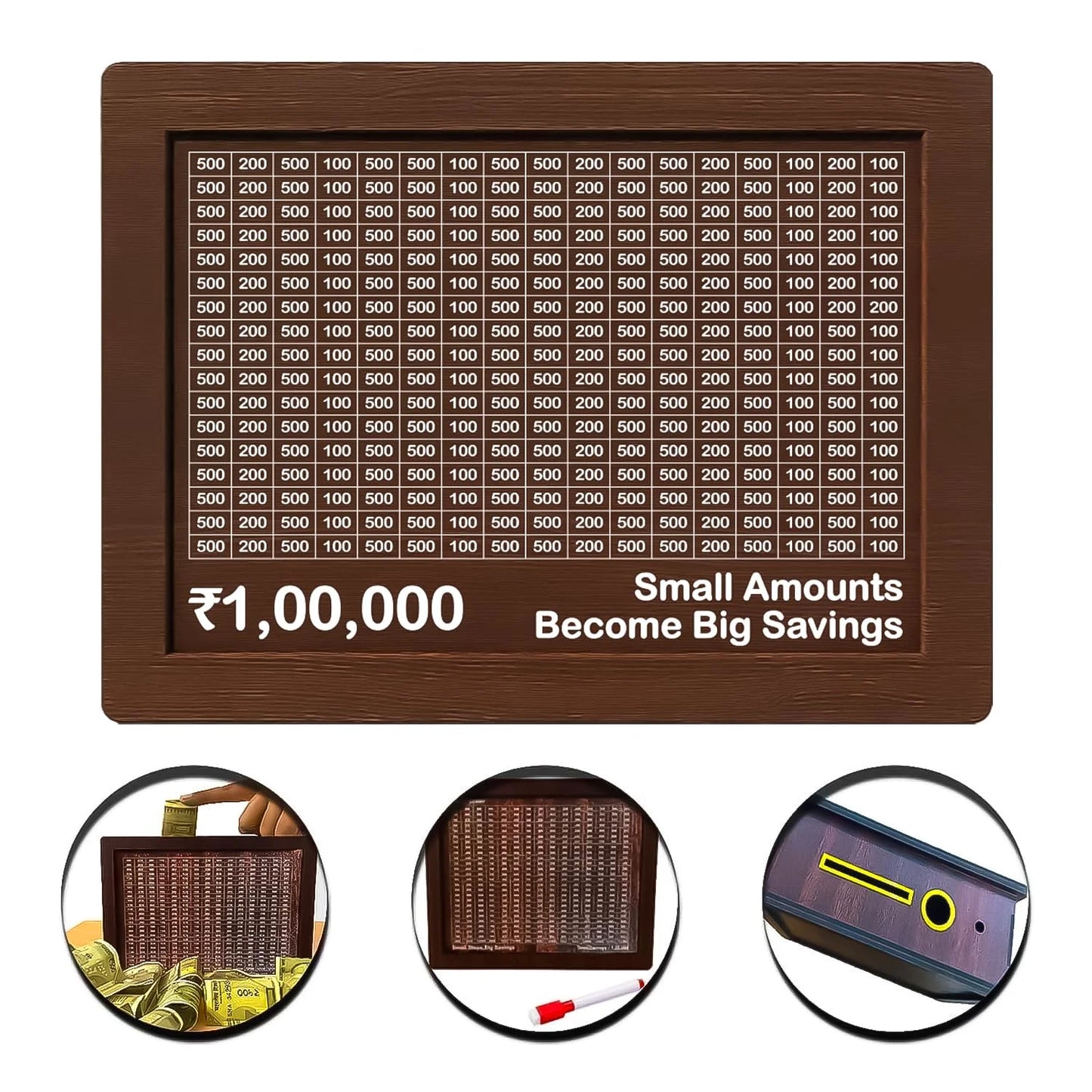 20135 Money Box with Carved Design, Wooden Piggy Bank, Kids Coin Box, 100000 Money Saver, Wooden Coin Bank