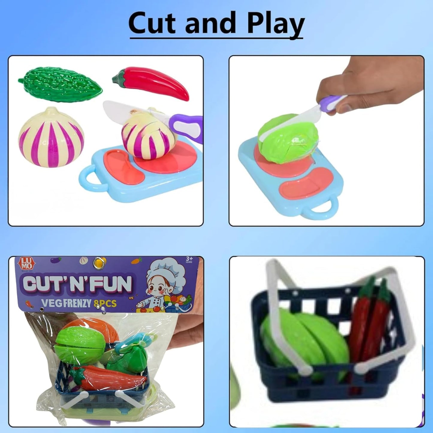 LM-421 Vegetable Cutting Set for Kids , 8PCS Vegetable with Basket, Knife, Plate & Chopping Board Toys