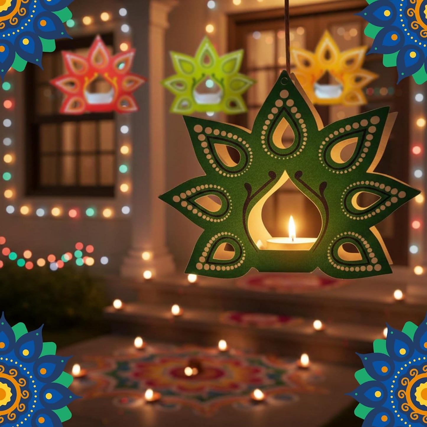 KCH 3087 {Pack of 10} Hanging Festive Mystic Multicolor Printed Paper Lanterns for Home/Office & Many Festive Diwali