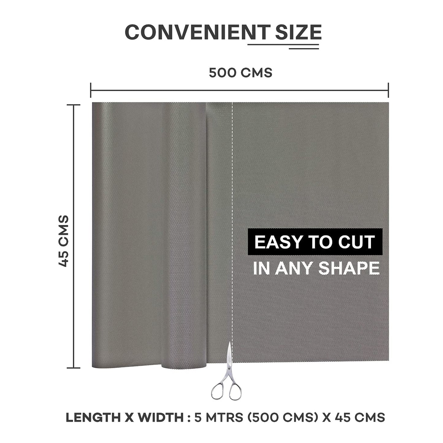 21145 EVA Anti Slip Shelf Liners for Kitchen Shelves & Fridge Mat – Food Grade, Washable Drawer Liners for Kitchen, Cabinet, Table, Refrigerator – Shelf Liner Sheet (45cm X 5 Meters Roll, Grey)