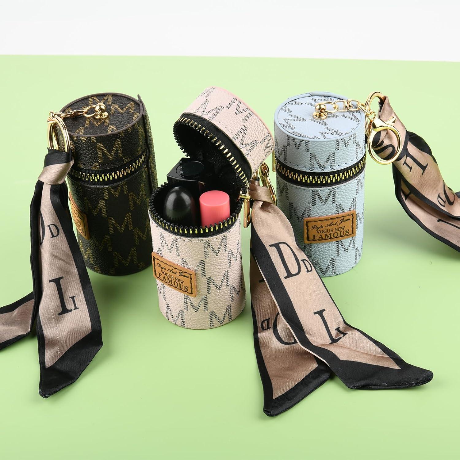 20349 Coin Purse Keyring, Lipstick Case, Lipstick Pouch for Women, Mini Lipstick Pouch with Key Ring - Brown Small Zipper Bag for Lipsticks