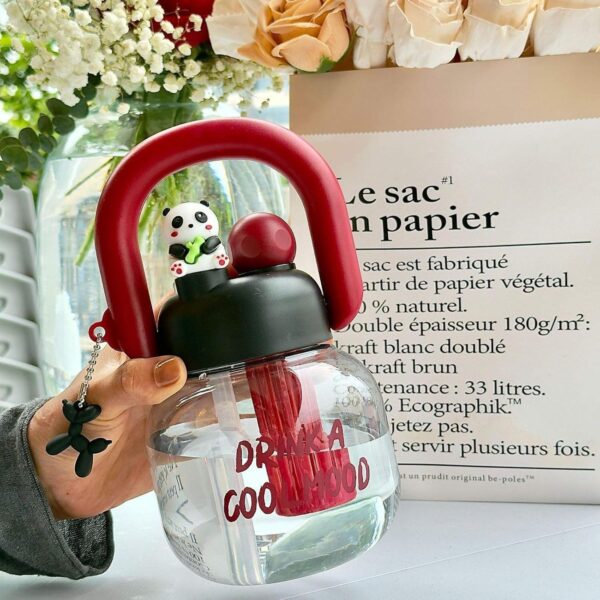CK-3353 Cute Big Kettle Design 800ML Plastic Water Bottle with Panda & Heart-Shaped Cap ,Direct Sip & Straw Lid
