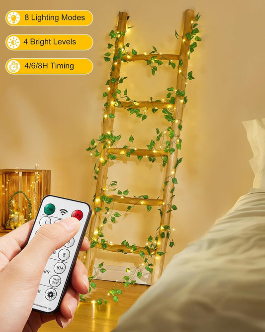 21114 Minetom Vine Fairy Lights  LED Green Pothos Garland Light with Remote Control - Hanging Leaf String Lights for Girls Bedroom Dorm Room Wall Decorations {size-18*9*10cm}