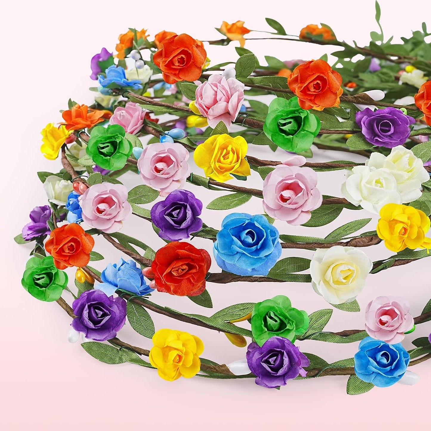 21156 {Pack of 24} Multicolor Flower Tiara Crown Headband ,Floral Headpiece for Birthday Wedding Holiday Fairy Party Favors