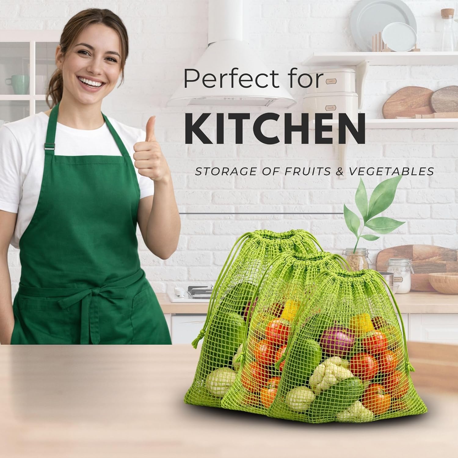 20860  {Pack of 3} Vegetable Bag for Fridge |  fridge storage bags for Fruits & Vegetables | Green Color | 3 Sizes | Reusable | Plastic-Free