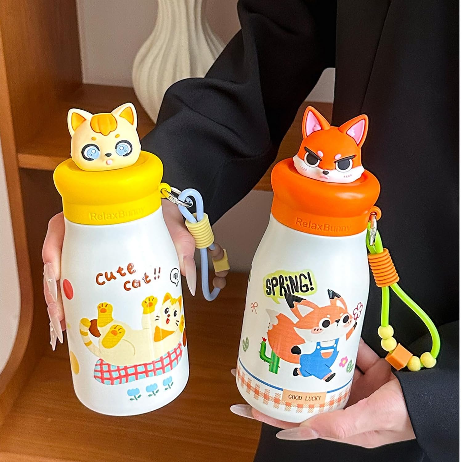 21338 Stainless Steel Kids Water Bottle 500ml| Leakproof Cute Animal Bottle |Carry Strap Included for School, Travel, Sports & Everyday Use Pack of 1