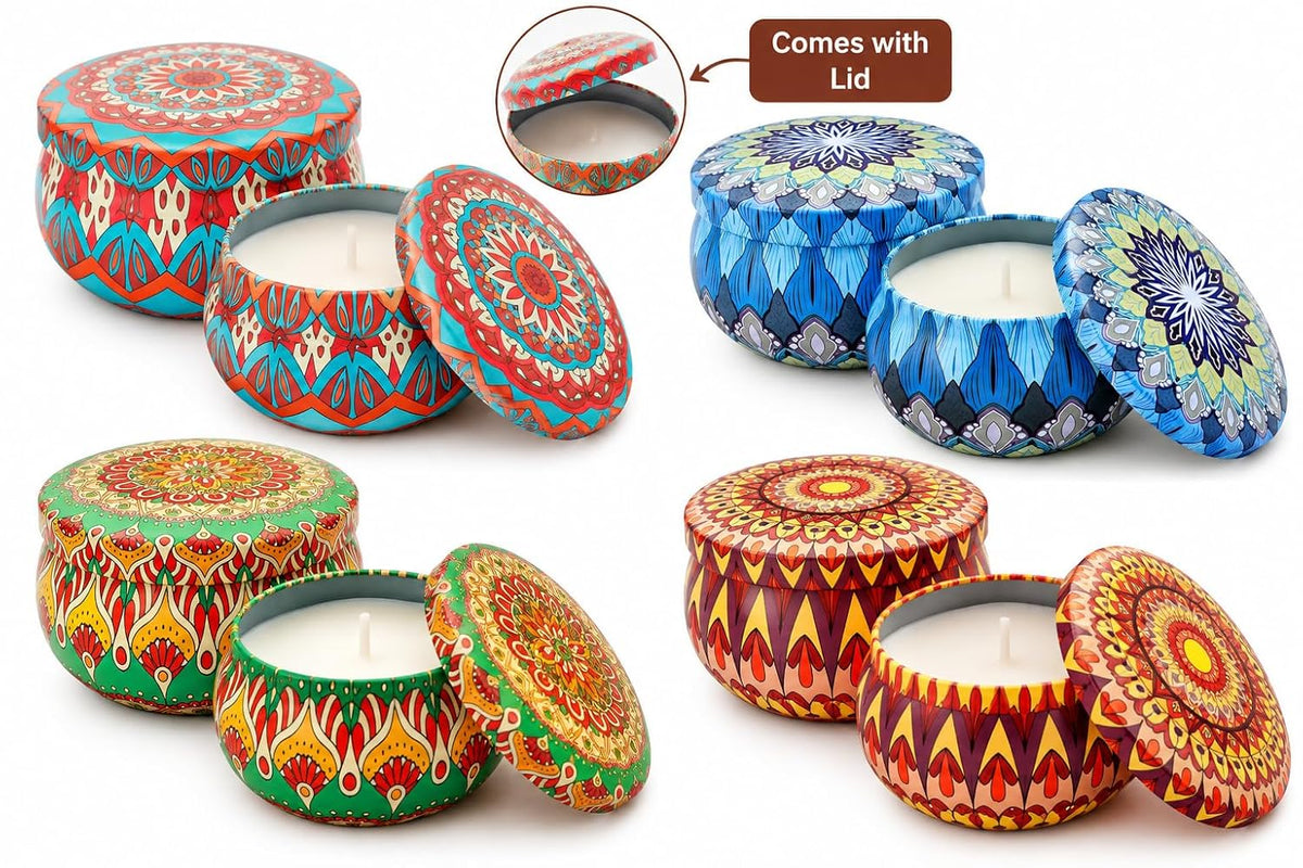 21359 Decorative Scented Candles in Designer Printed Metal Tins | Premium Aromatherapy Candles for Home Décor, Diwali & Gifting