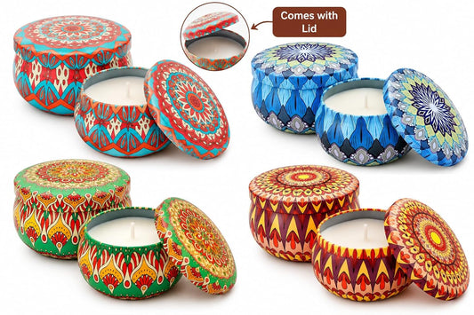 21359 Decorative Scented Candles in Designer Printed Metal Tins | Premium Aromatherapy Candles for Home Décor, Diwali & Gifting
