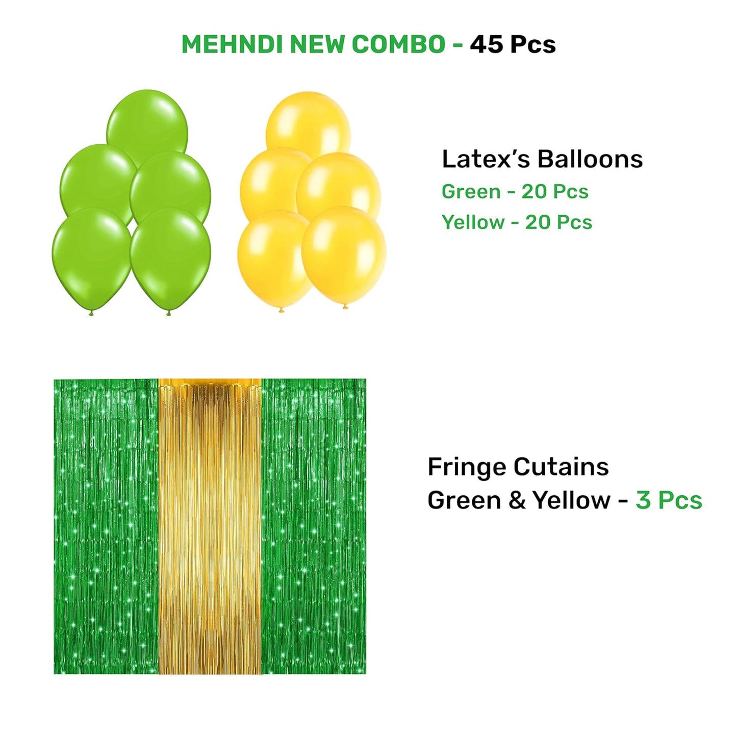 20666 Mehndi Decoration Combo Pack – 45 Pcs | Green & Yellow Balloons, Gliter Banner, Fringe Curtains, Balloon Arch Kit | Wedding, Haldi, Mehndi Ceremony Party Decoration Set