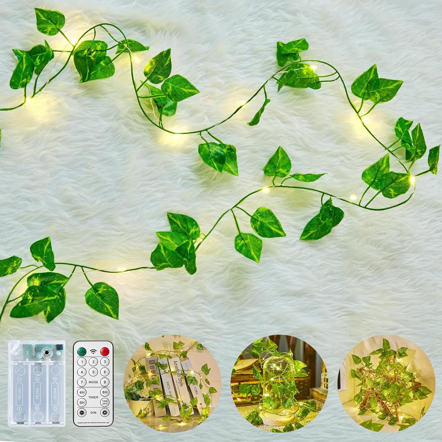 21114 Minetom Vine Fairy Lights  LED Green Pothos Garland Light with Remote Control - Hanging Leaf String Lights for Girls Bedroom Dorm Room Wall Decorations {size-18*9*10cm}