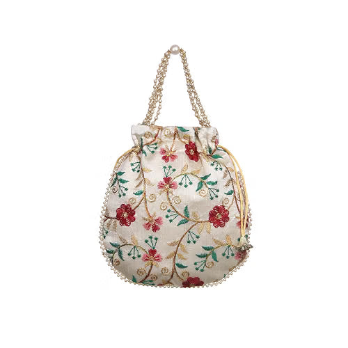 21263 Style Royal Silk Batwa Bag Combo | White Sherwani Theme Potli Wristlet Clutch | Handmade Traditional Pouch for Wedding & Festival