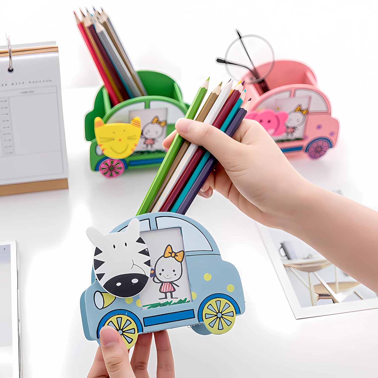 20549 Wooden Pen Stand With Photo Frame | Pen Pencil Brush Craft Storage Container Holder | Birthday Gifts For Kids {Random Design}