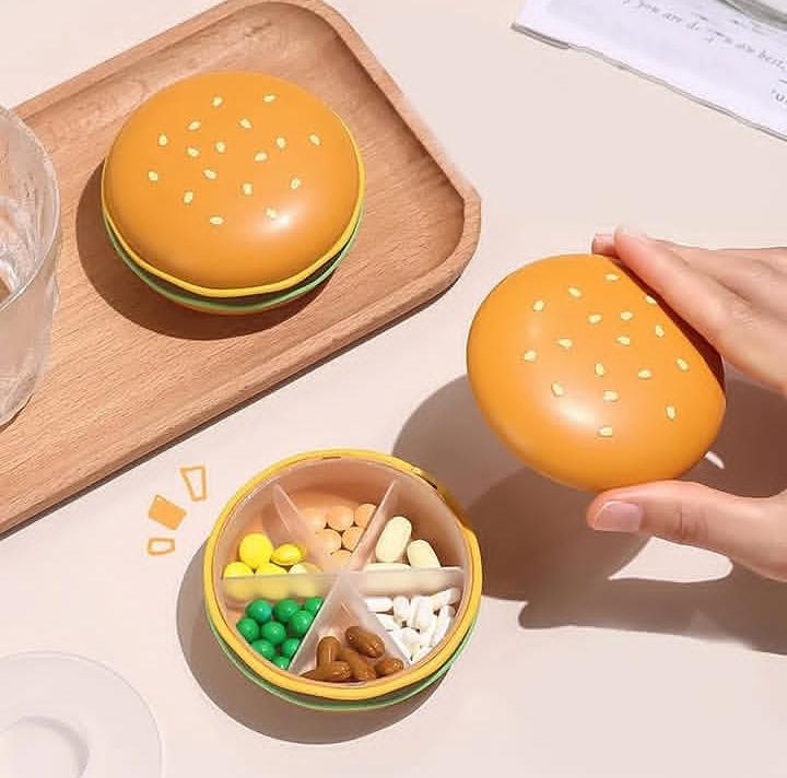 WS501 Cute Burger Shape Pill Box, Portable Mini Medicine Organizer for Daily Use