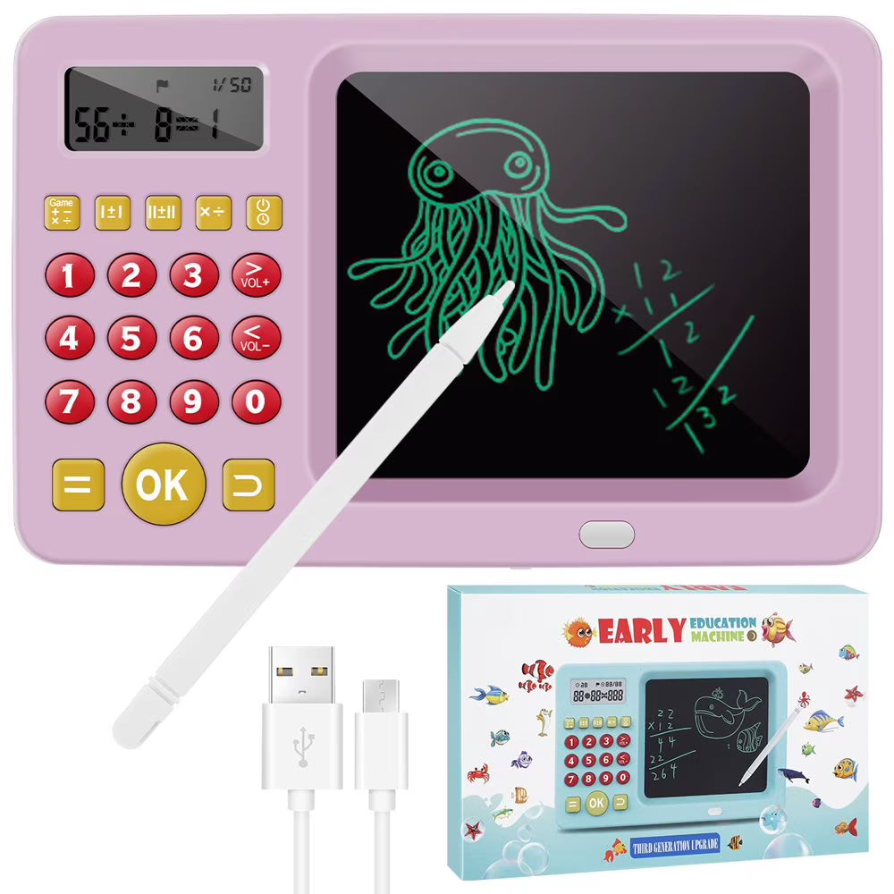 BB-20 Rechargeable Early Education 2 in-1 Montessori Electric Math Calculator Toy Tablet with LCD Screen for Kids, Children, Toddler Maths Learning & Training Machine {Pink/ Blue}