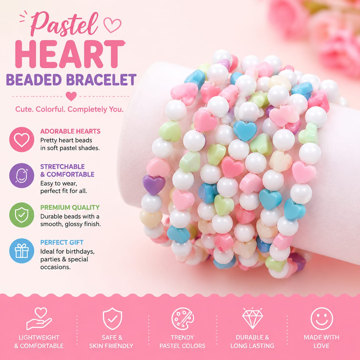 20817 {12 Pcs} Pastel Heart Beaded Bracelet for Girls | Handmade Stretch Bracelet | Cute Colorful Heart Beads | Fashion Jewellery