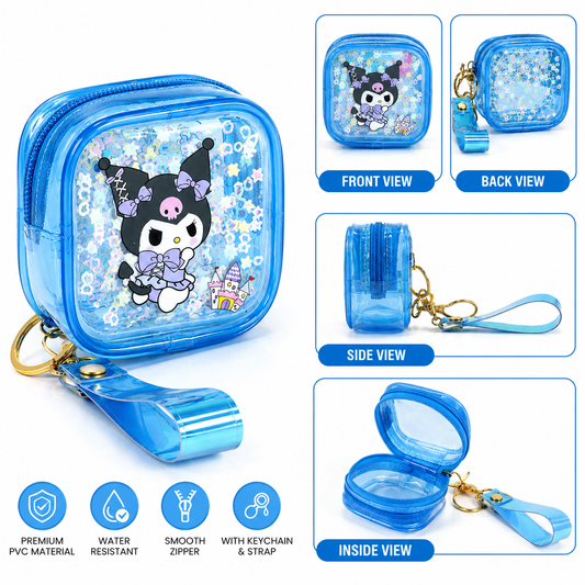 20919 Transparent PVC Mini Coin Pouch with Keychain & Wrist Strap | Cute Cartoon Zipper Wallet | Portable Earbuds & Coin Case