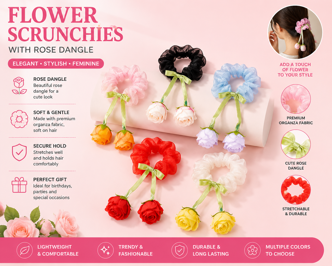 4124 Rose Flower with Bow Ribbon Scrunchies Satin Silk Elastic Strechy Hair Ties Latest Stylish Rubber band Causal {Random Color}