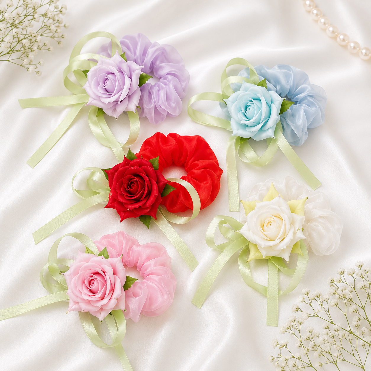 4125 Rose pink colour Hair Tulip flower Scrunchie/Rubber band with Decorative Green Ribbons, Rose pink colour {Multicolor}