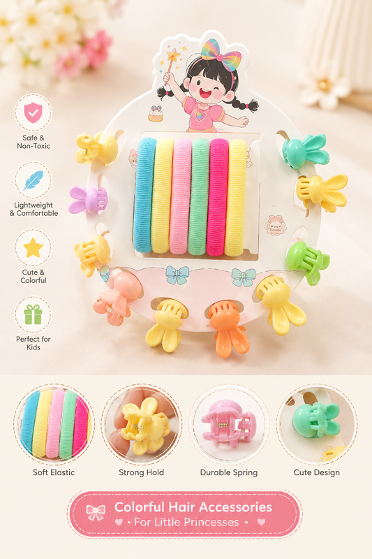 BSB1352 {12 Pcs} Kids Hair Accessories Set | Mini Claw Hair Clips & Soft Elastic Hair Bands | Cute Multicolor Hair Accessories for Girls
