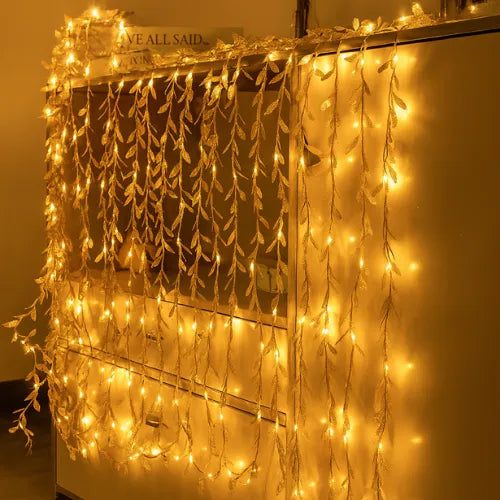 20695 Golden Leaves Garland Curtain Lights | Warm White | Diwali Decoration