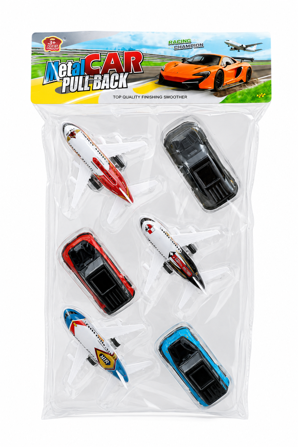 MD123-26H Metal Pull Back Cars & Airplanes Toy Set | 6 Pieces (3 Cars + 3 Airplanes) | Friction Powered Mini Vehicles | Kids Gift for Boys & Girls