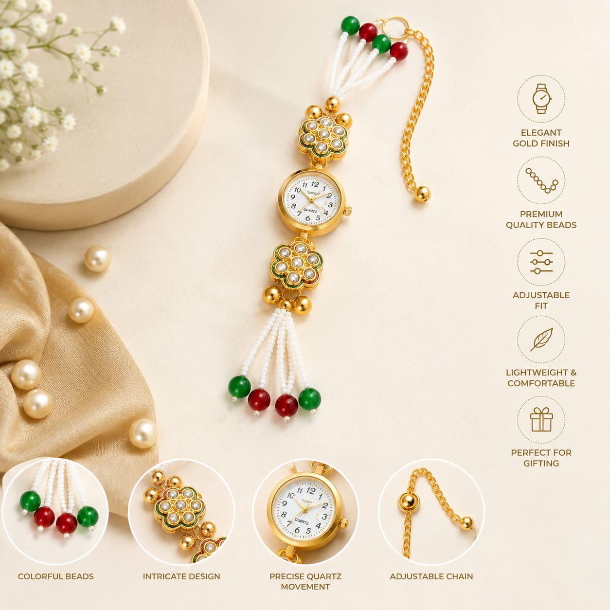 20826 Kashmiri Kundan Meenakari Bracelet Watch for Women, Gold-Plated Floral Enamel, Adjustable Chain with Pearl Charms {Random Design}