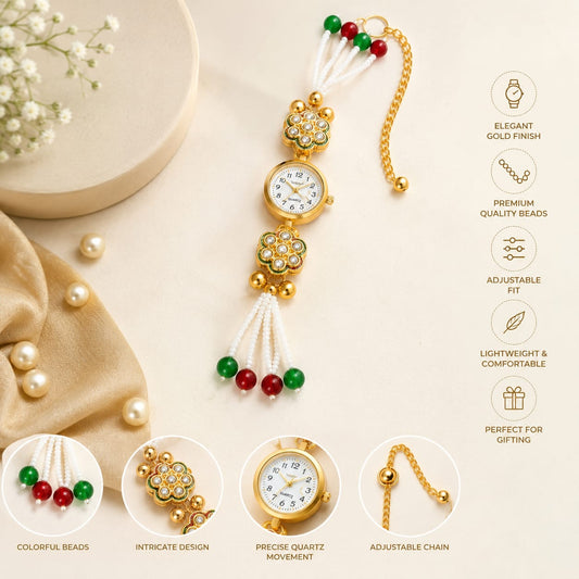 20826 Kashmiri Kundan Meenakari Bracelet Watch for Women, Gold-Plated Floral Enamel, Adjustable Chain with Pearl Charms {Random Design}