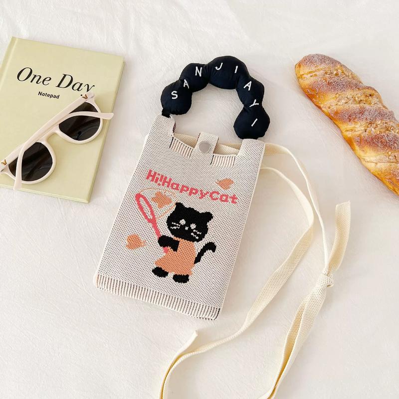 20484 Kosoul New fashion shoulder bag mini knitted mobile phone bag Korean version versatile small portable change bag messenger bag Cute animals {Random Design}