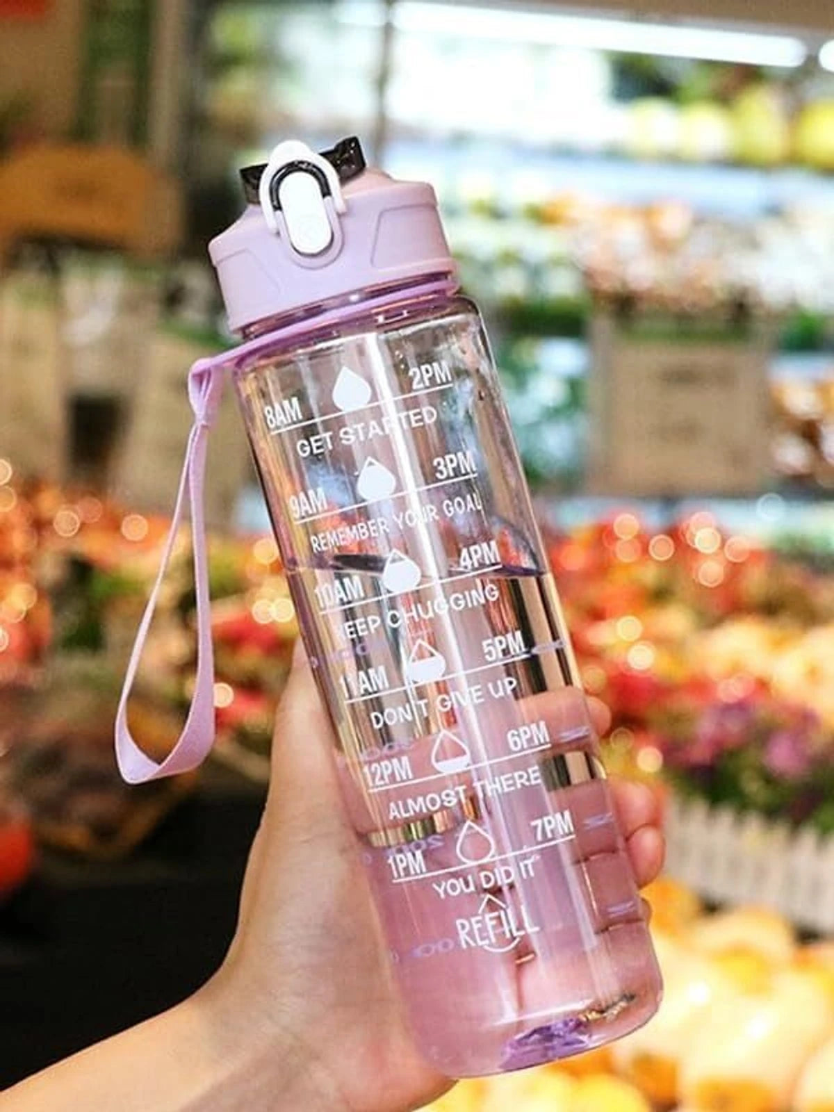 20514 Motivational Water Bottle with Time Markers, 900ml Capacity, Clear Plastic with Flip-Top Lid