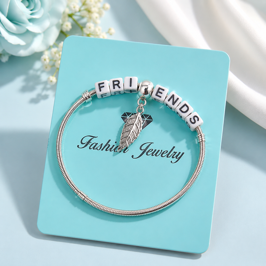 20798 Friends Letter Beaded Charm Bracelet for Women & Girls | Silver Plated Friendship Bracelet with Leaf Charm | Adjustable Fashion Jewellery Gift