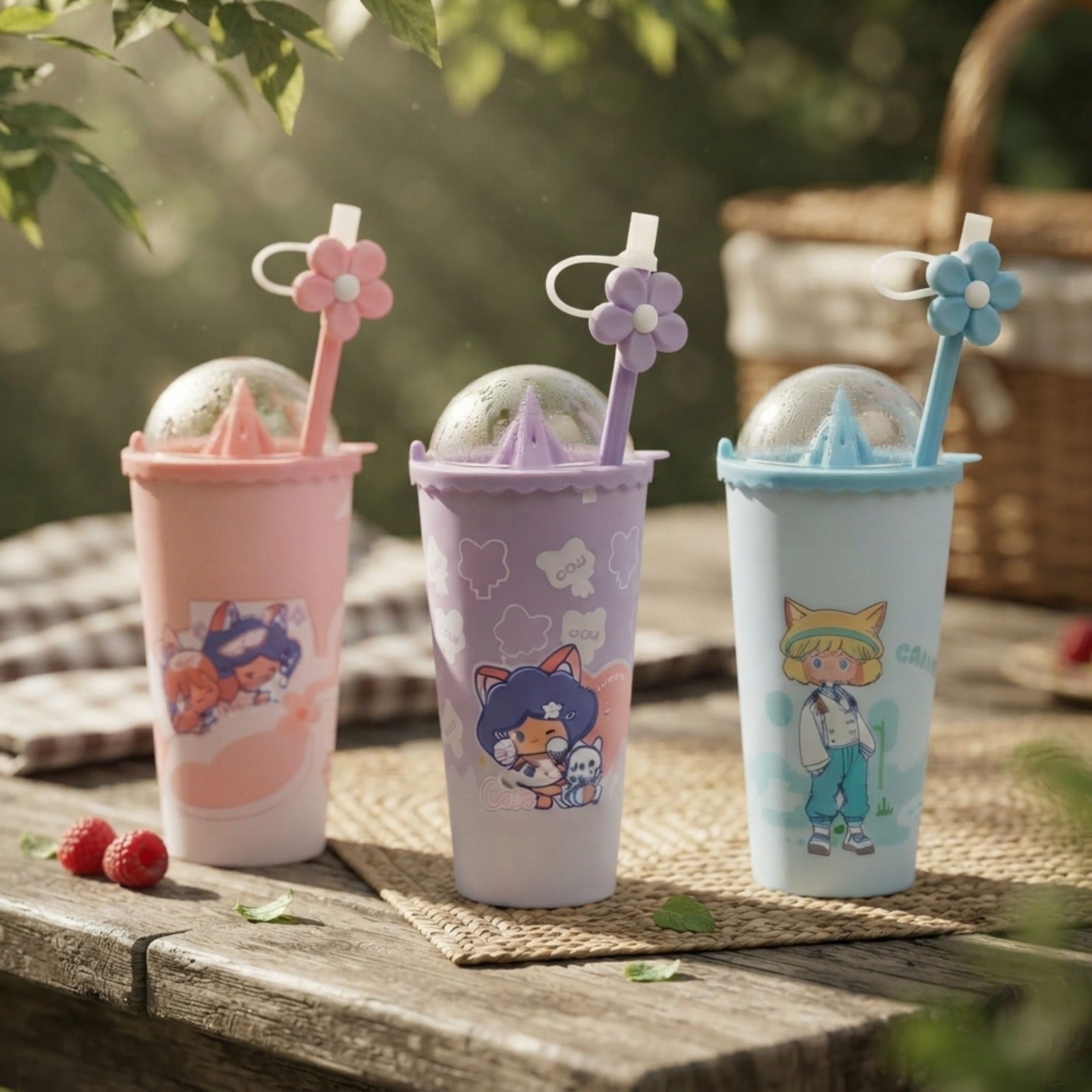 20772 Cute Cartoon Printed Sipper Cup with Flower Straw & Lid | Reusable Drinking Tumbler for Kids | BPA Free Water & Juice Cup | Random Color & Design