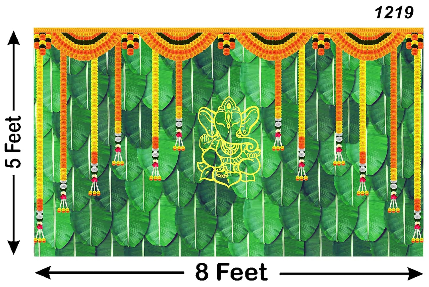 PJD-371 Backdropon Banana Leaf and Hanging Flower with Yellow Ganeshji Design Backdrop for Pooja Decoration Traditional/Background Curtain Cloth for Pooja/Festival Size 5 Feet Height and 8 Feet Width(5 * 8)