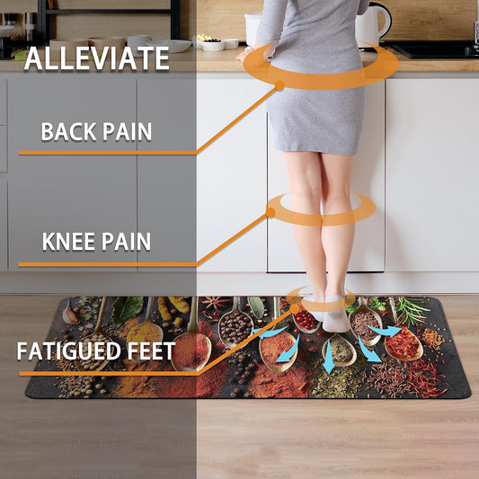 20502 Spice Cooking Kitchen Rugs Set of 2 Anti-Fatigue 0.4 Inches Thick Spices Colorful Kitchen Floor Mats Washable Rug Comfort Standing Waterproof Non Slip Mat for Kitchen Sink (17.3" x 28" + 17.3" x 47")