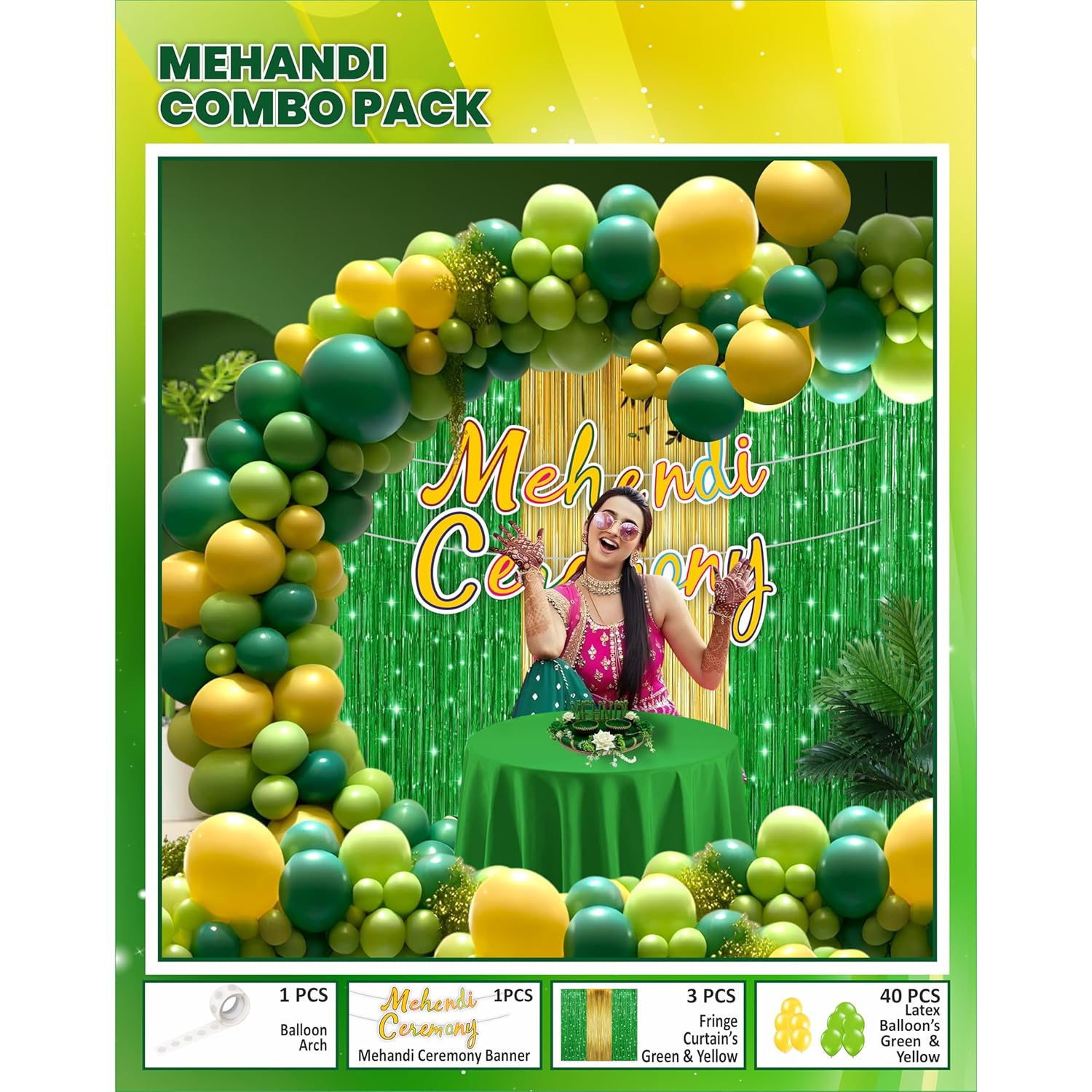 20666 Mehndi Decoration Combo Pack – 45 Pcs | Green & Yellow Balloons, Gliter Banner, Fringe Curtains, Balloon Arch Kit | Wedding, Haldi, Mehndi Ceremony Party Decoration Set